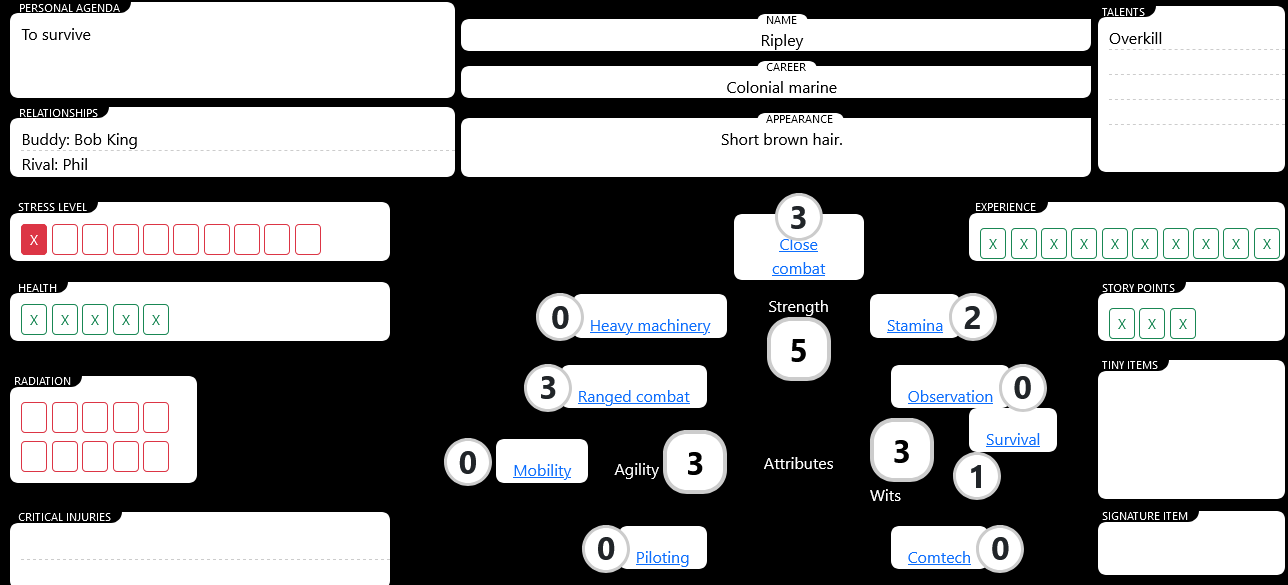 Alien character sheet