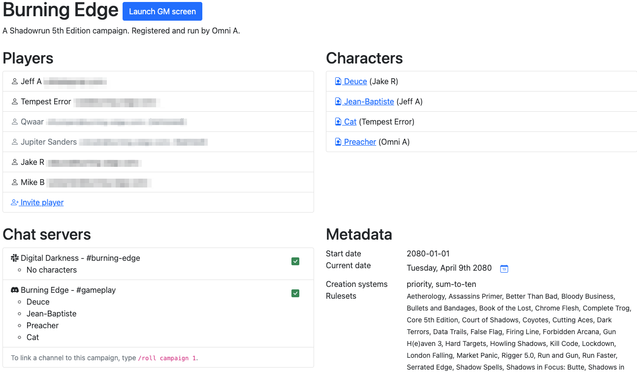Campaign information showing an example Shadowrn 5th Edition campaign called Burning Edge