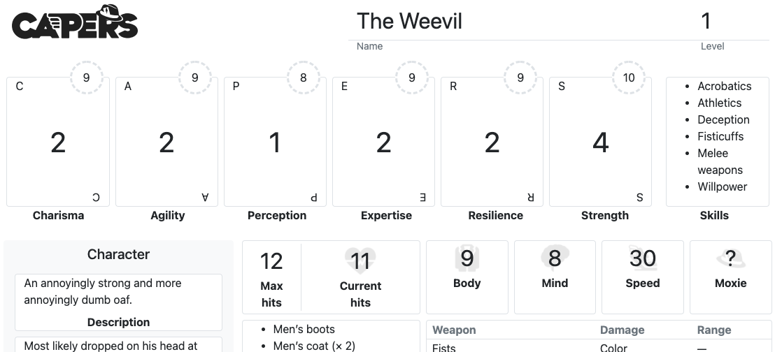 Capers character sheet