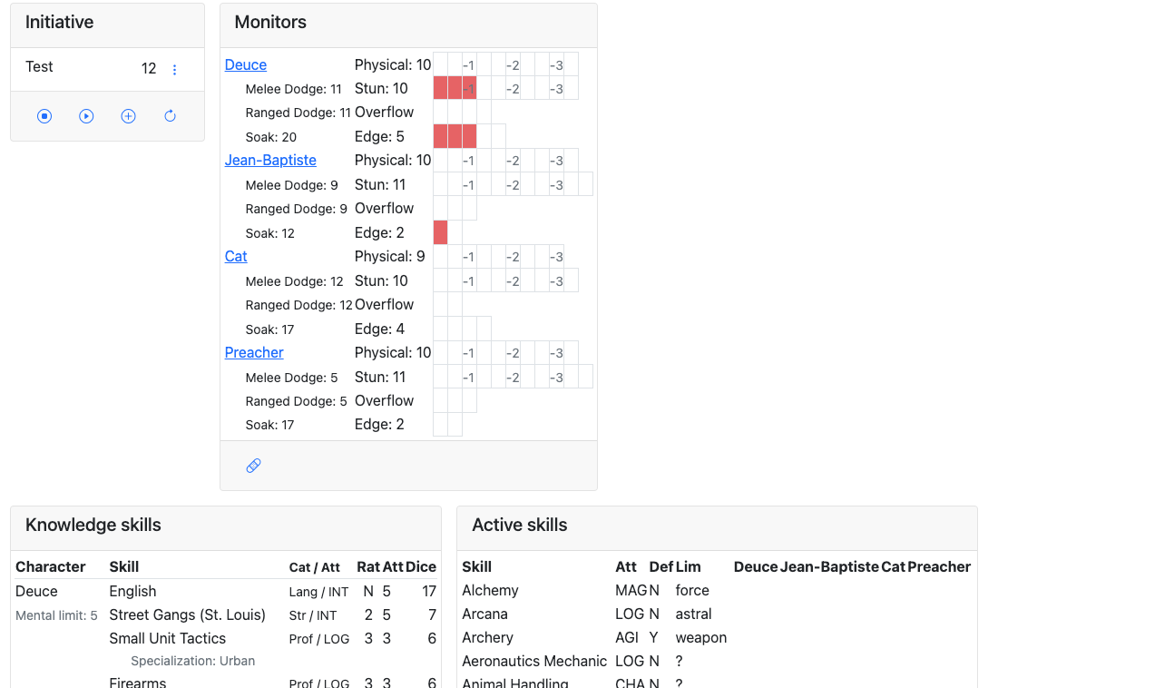 Shadowrun 5th edition GM screen, showing an initiative tracker, health monitors, and lists of skills
