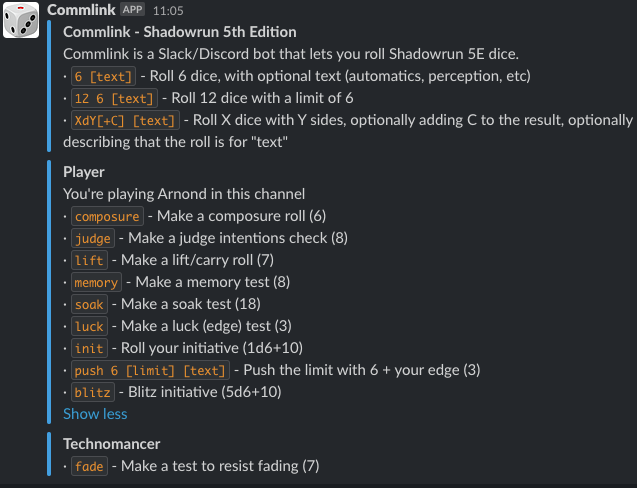 Bot showing help information for a linked Shadowrun 5E character