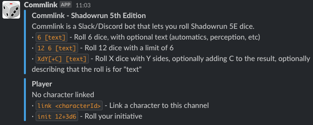 Bot showing help information for a channel playing Shadowrun 5th edition