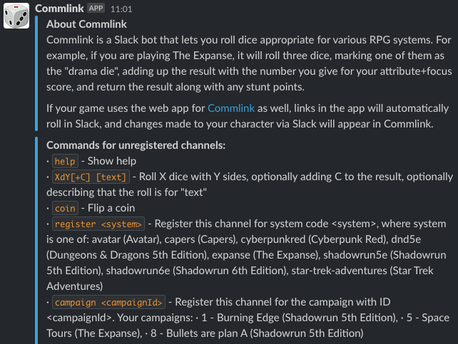 Bot showing help information for an unlinked Slack channel